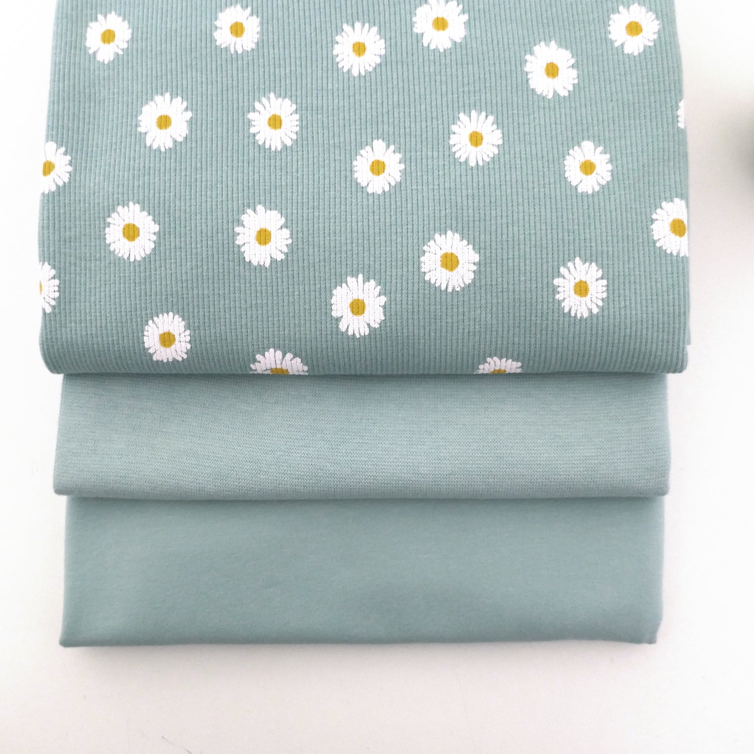 Stoffpaket Jersey, Ripjersey Gänseblümchen, Jersey Uni und Bündchen Mint