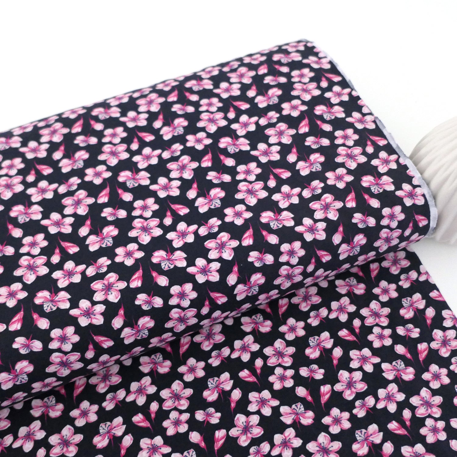 Jersey, pinke Blüten, Kalamos, Dunkelblau, swafing, Meterware