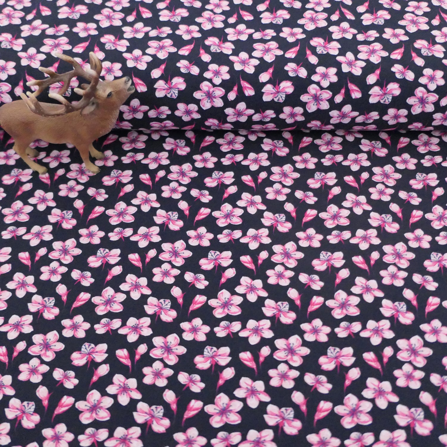 Jersey, pinke Blüten, Kalamos, Dunkelblau, swafing, Meterware