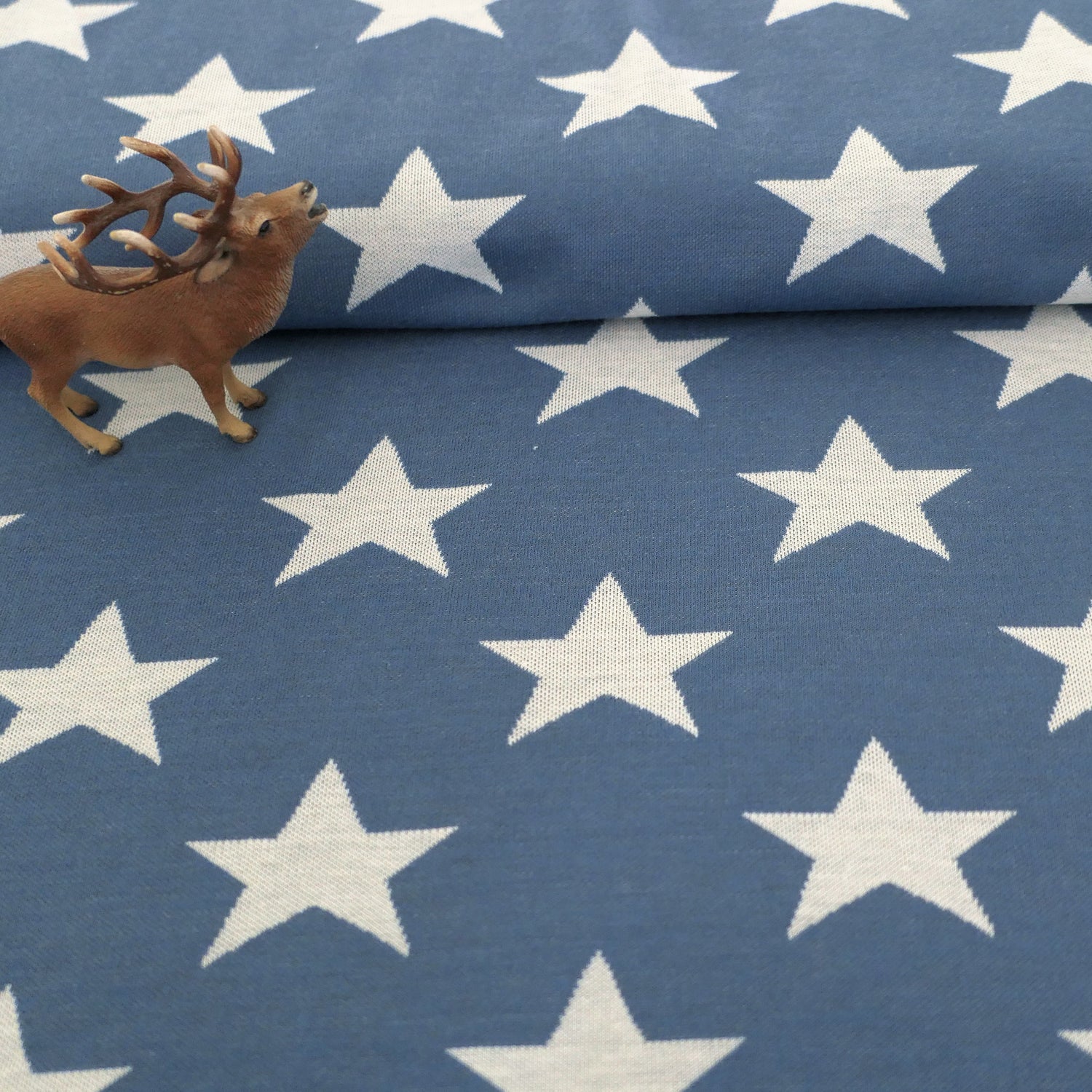 Jacquard, Jersey, große Sterne, skandinavisch Blau, Meterware