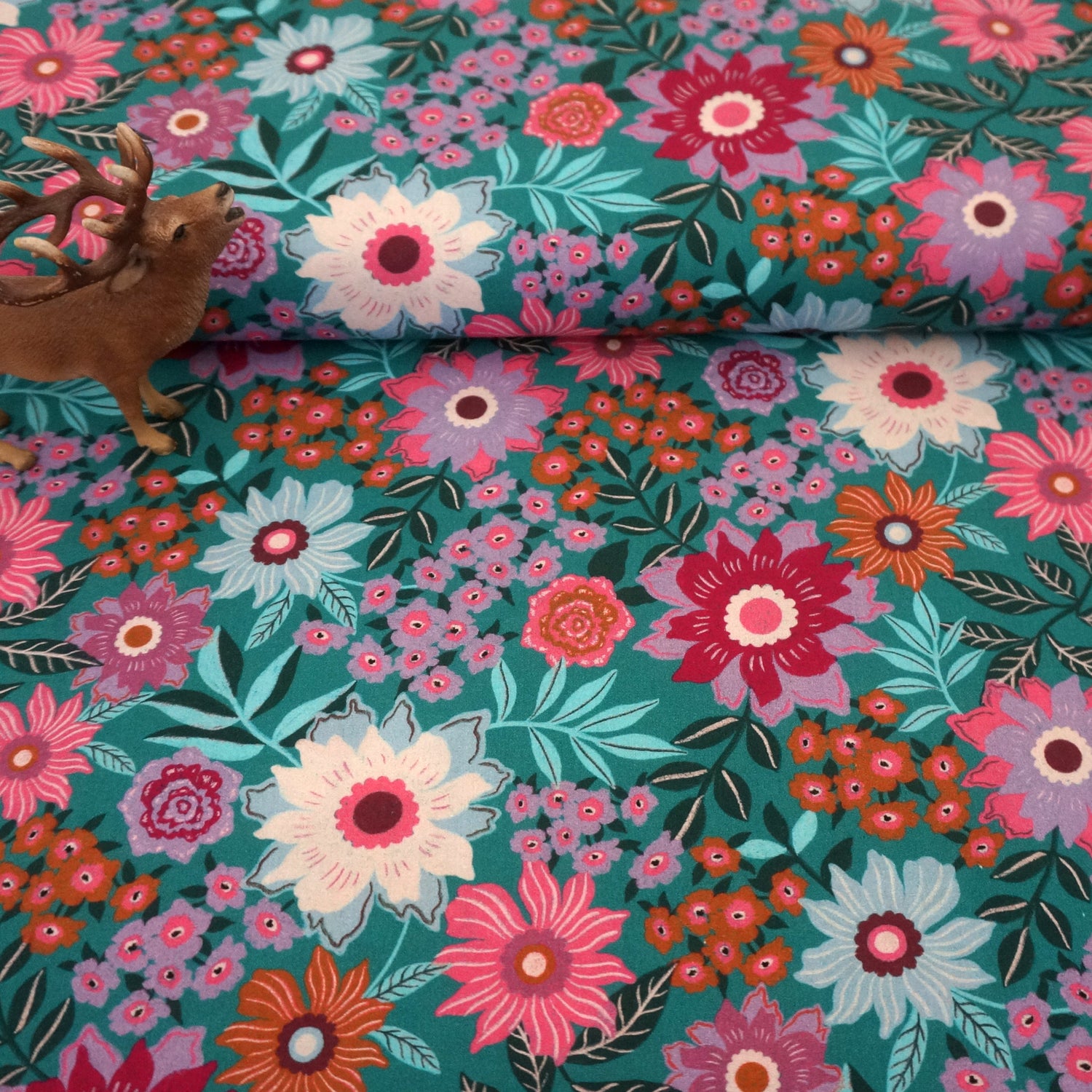 Baumwollstoff, bunte Blumen, Mint, Bunt, Meterware