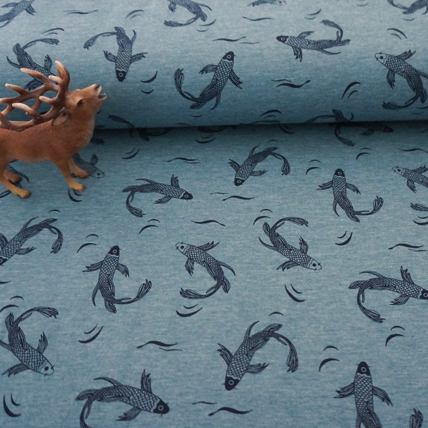 Jersey 'Kois' Fische, Rauchblau, meliert, Meterware
