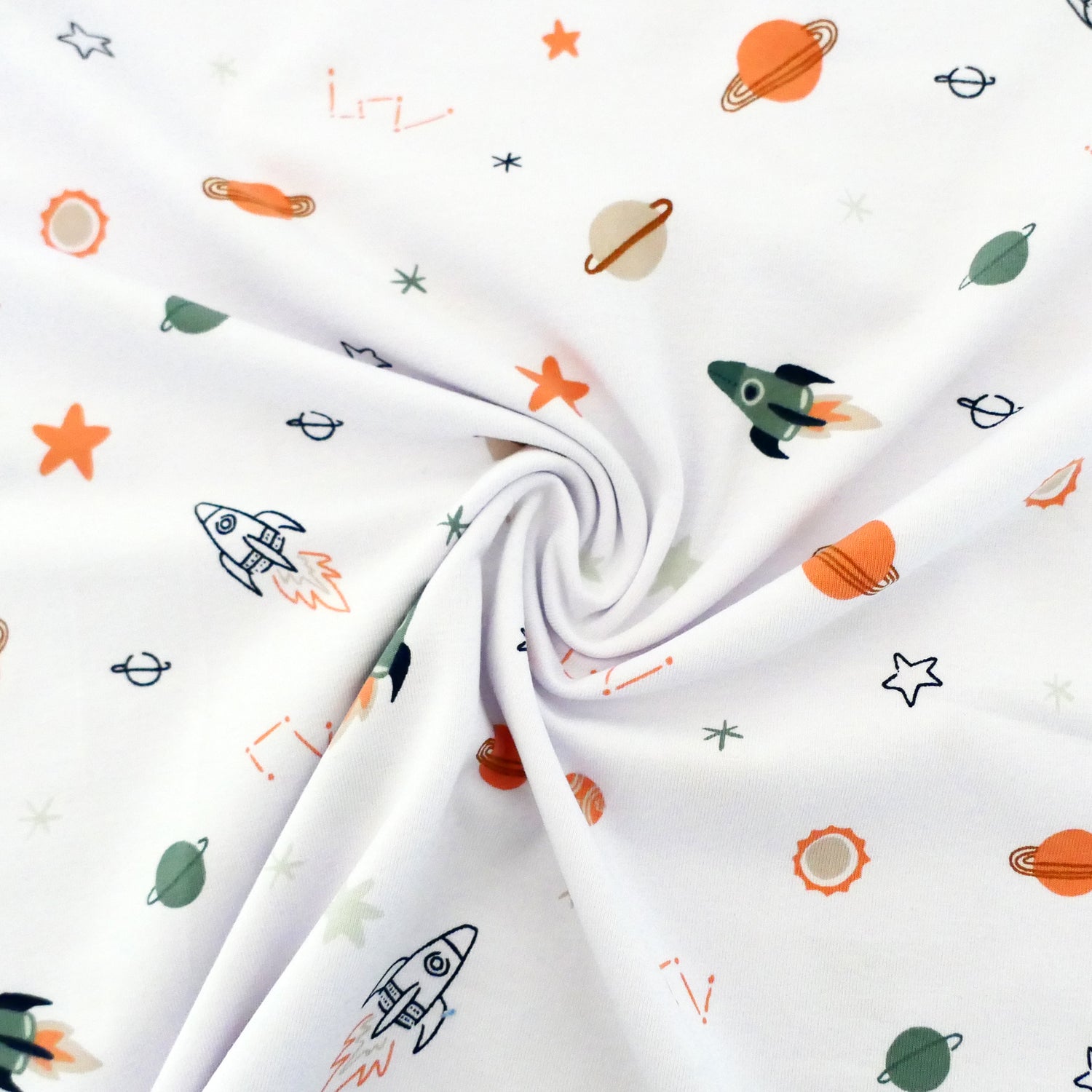 Jersey Space, Raketen, Sterne, Weiß, Meterware