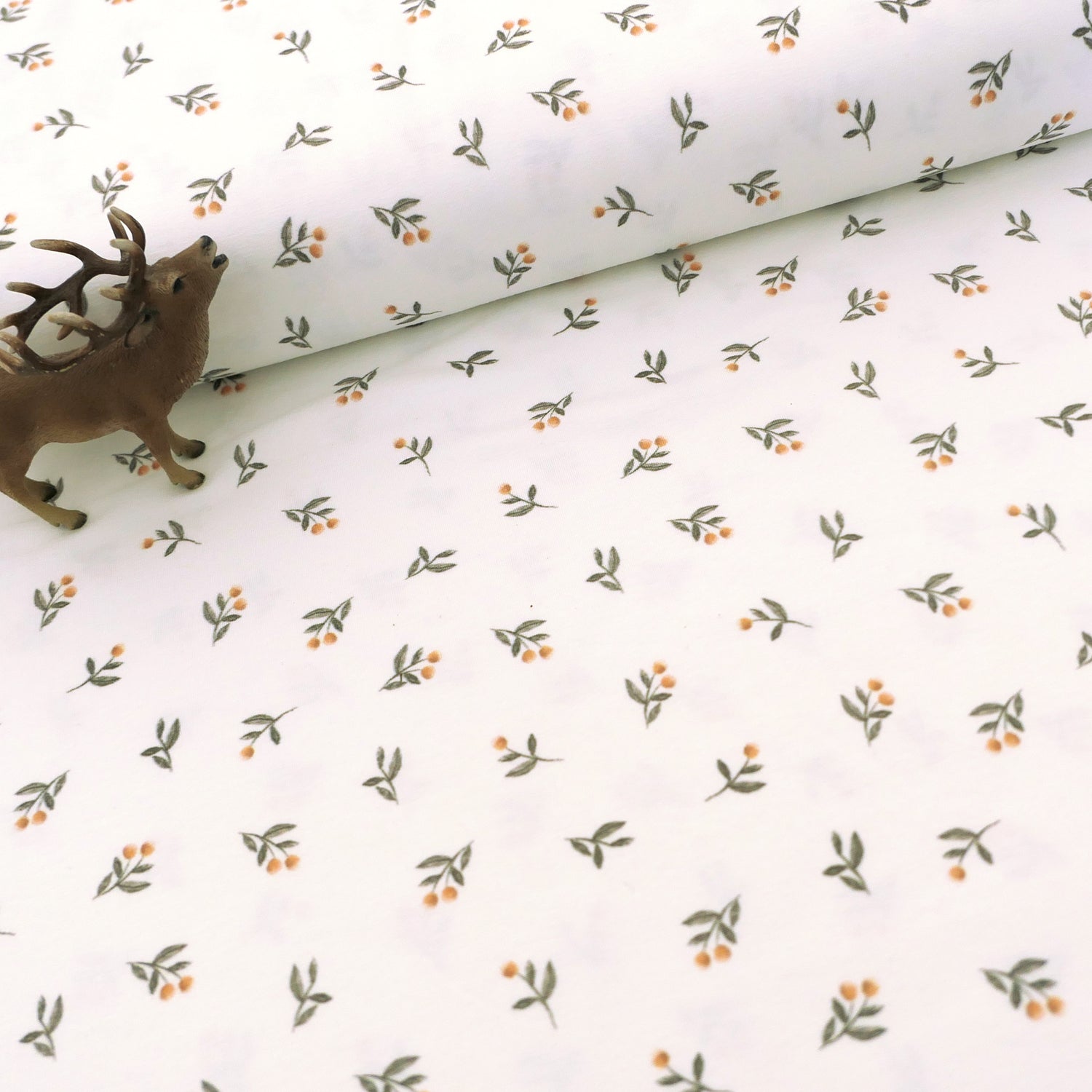 Jersey, Zweige, Off-White, Grün, Senf, Meterware