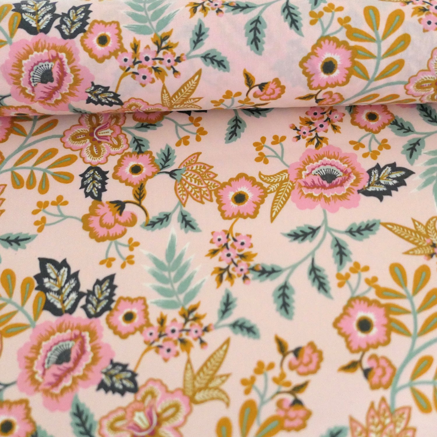 beschichtete Baumwolle, Paisley Blumen, Rosa, Meterware